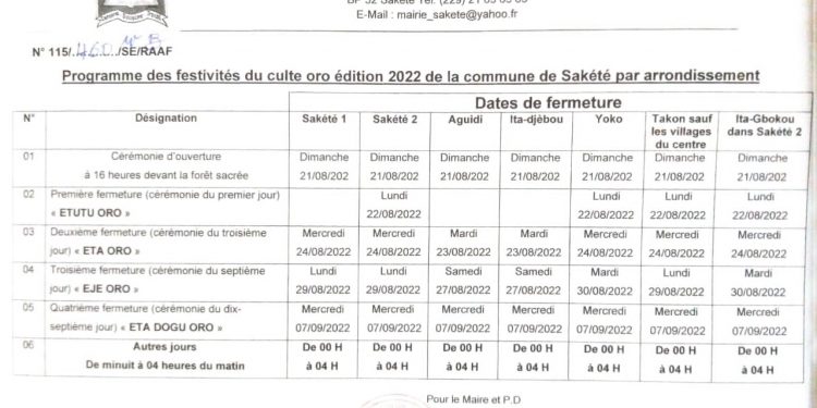 Bénin : Sakété annonce le démarrage du culte Oro