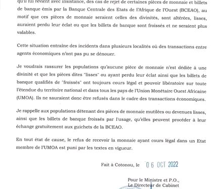 Bénin : Nouvelle relance du gouvernement sur le rejet des pièces usées et billets froissés