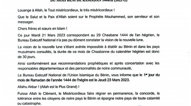 Bénin : Le jeûne musulman démarre jeudi 23 Mars