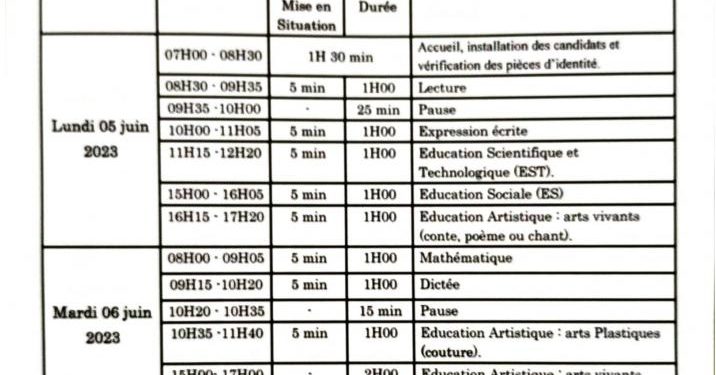 Bénin : Calendrier du déroulement du CEP 2023