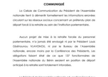Bénin : La retraite forcée d’agents parlementaires n’est pas au programme