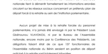 Bénin : La retraite forcée d’agents parlementaires n’est pas au programme