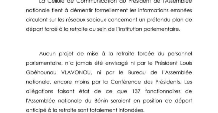 Bénin : La retraite forcée d’agents parlementaires n’est pas au programme
