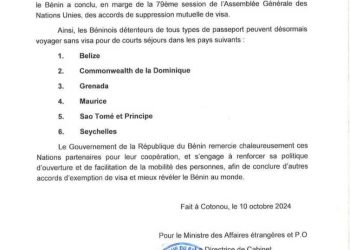 Diplomatie : Les béninois visitent six nouveaux pays sans visa