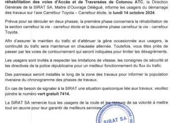 Bénin : SIRAT annonce les travaux de réhabilitation des voies d’accès et de traversée de Cotonou [Communiqué]