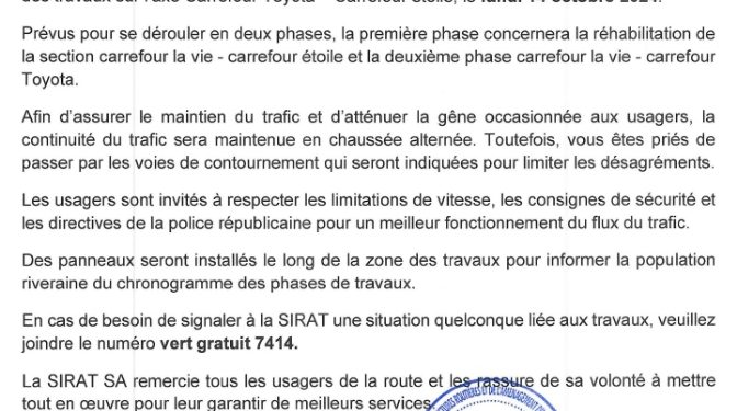 Bénin : SIRAT annonce les travaux de réhabilitation des voies d’accès et de traversée de Cotonou [Communiqué]