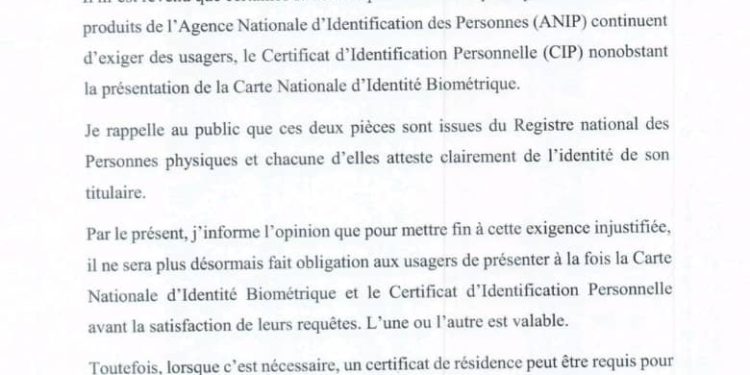 Bénin : Le gouvernement interdit les tracasseries liées aux CIP et CI biométriques