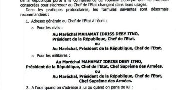 Tchad : Le protocole d’état actualise les nouvelles règles d’appellation du président Déby