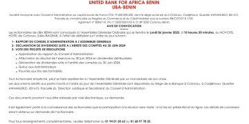 Banque : Les Actionnaires de UBA Bénin en Assemblée Générale lundi 6 Janvier 2025 [Convocation]