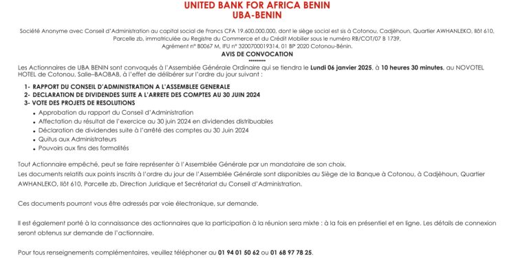 Banque : Les Actionnaires de UBA Bénin en Assemblée Générale lundi 6 Janvier 2025 [Convocation]