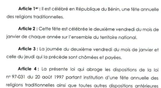 Bénin : Journées fériées, chomées et payées du 9 au 12 Janvier 2025