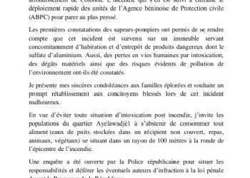 Bénin : Le gouvernement prévient après l’incendie du samedi 11 Janvier 2025 à Akpakpa