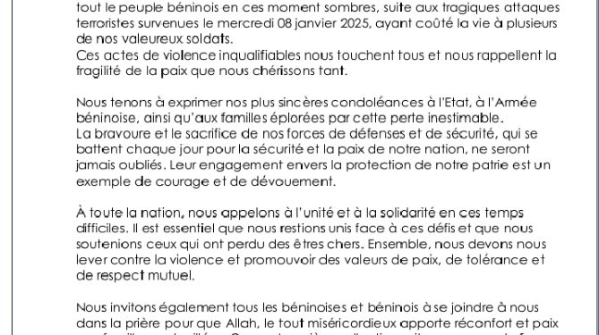 Bénin : L’union islamique exprime ses condoléances à l’armée et à la nation