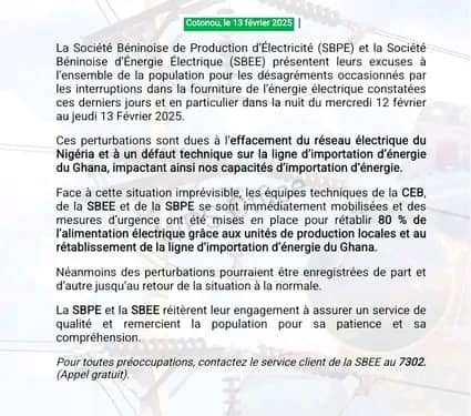 Bénin : Les raisons de la coupure du courant dévoilées