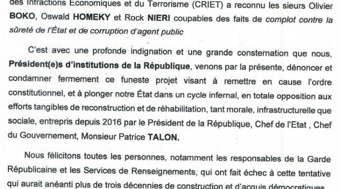 Bénin : Les présidents d’institutions condamnent la tentative de coup d’état