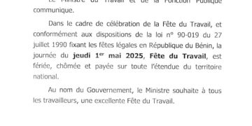 Bénin : Jeudi déclaré férié, chômé et payé