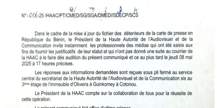Bénin : La Haac lance un ultime rappel pour l’actualisation du fichier carte de presse