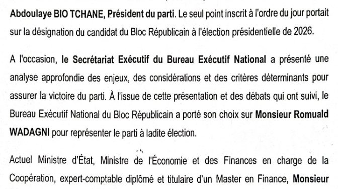 Bénin : Le Bloc Républicain justifie le choix de Wadagni comme candidat à la présidentielle 2026 [Communiqué]