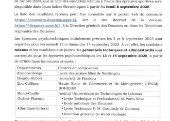 Bénin : Les tests psychotechniques programmés pour le concours de la douanes