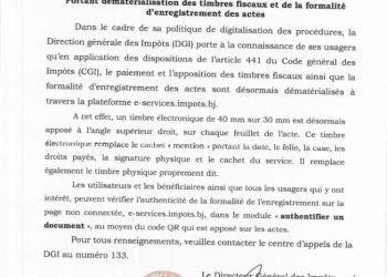 Bénin : Timbres fiscaux et enregistrement d’actes désormais possibles en ligne