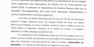 Bénin : Timbres fiscaux et enregistrement d’actes désormais possibles en ligne