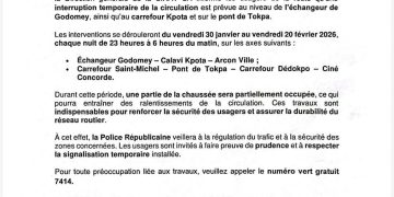 Bénin : Des travaux de maintenance annoncés sur l’échangeur de Godomey, à Calavi Kpota et à Tokpa