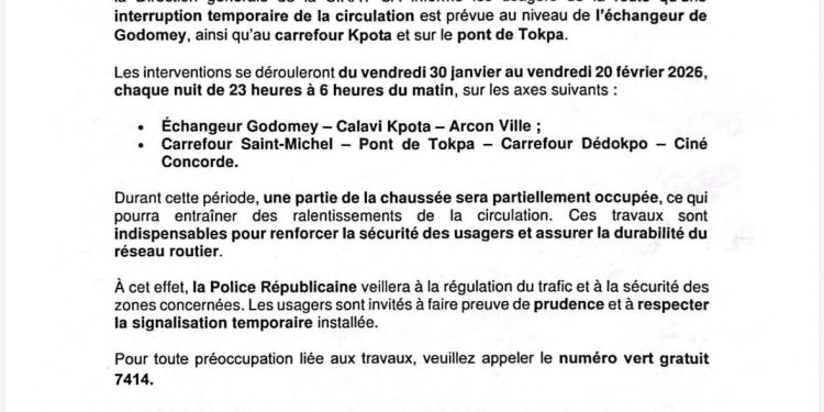 Bénin : Des travaux de maintenance annoncés sur l’échangeur de Godomey, à Calavi Kpota et à Tokpa