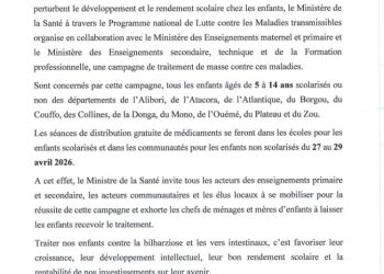 Santé : Le Bénin en lutte contre la bilharziose dans onze départements [Communiqué]
