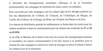 Santé : Le Bénin en lutte contre la bilharziose dans onze départements [Communiqué]