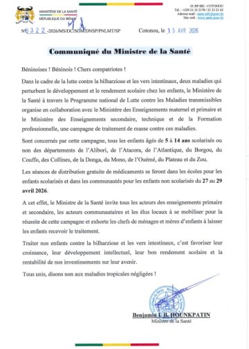 Santé : Le Bénin en lutte contre la bilharziose dans onze départements [Communiqué]