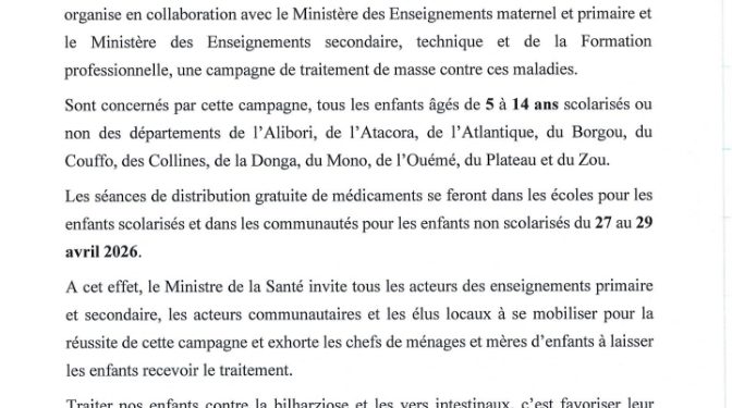 Santé : Le Bénin en lutte contre la bilharziose dans onze départements [Communiqué]