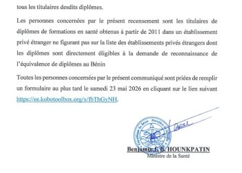 Bénin : Le Ministère de la santé recense les diplômes obtenus à l’étranger pour reconnaissance et équivalence